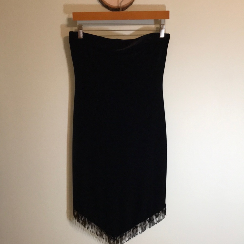 Black velvet beaded hem strapless dress